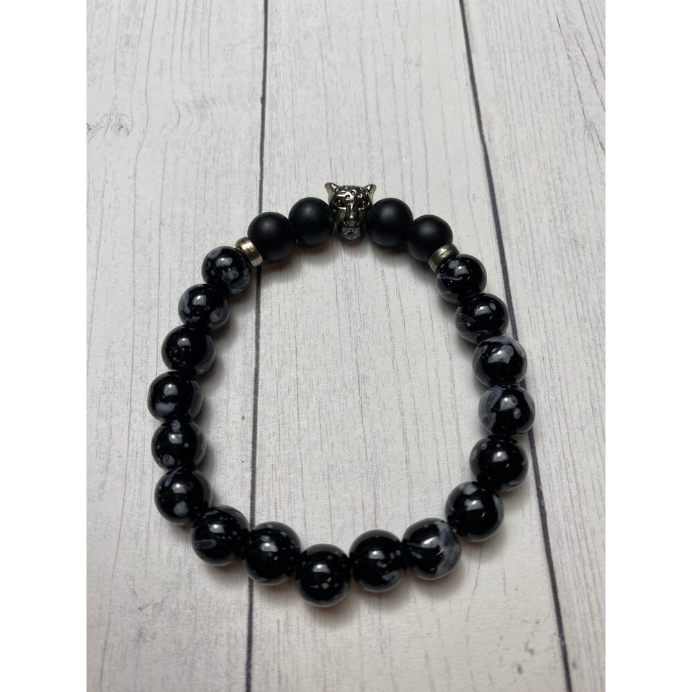 Black Snowflake Obsidian Beaded Stretch Bracelet with Silver Panther Charm